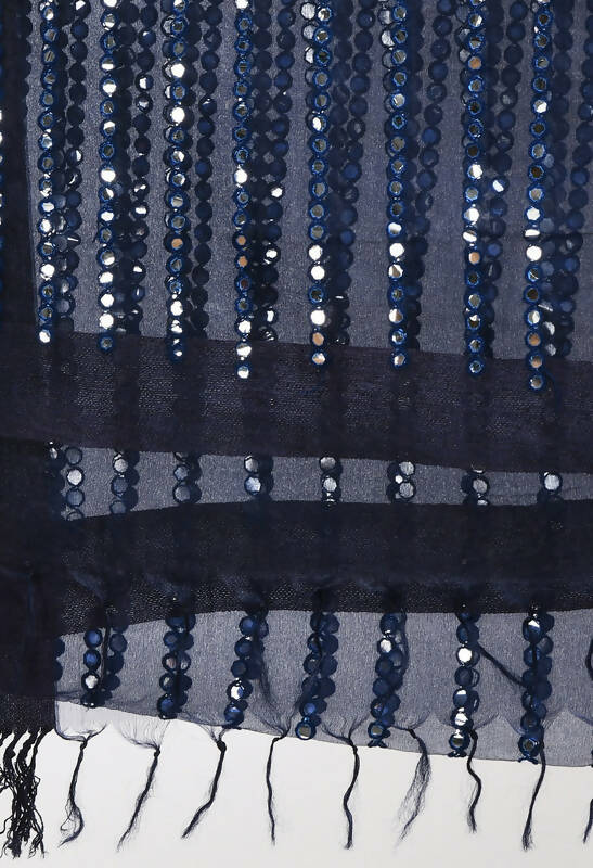 Women's Navy Blue Organza Mirror Stripe Thread Work Dupatta