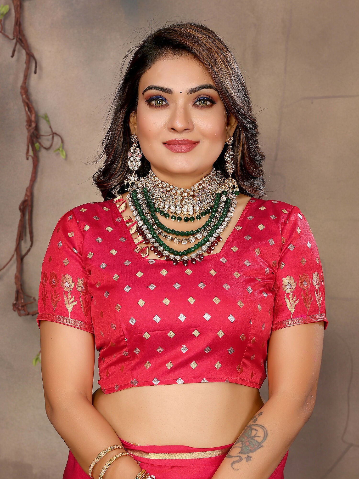 Brick Red Floral & Botanical Satin Silk Banarasi Saree