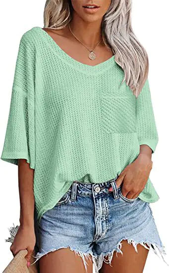 Women's Pink Waffle Knit V-Neck Short Sleeve Casual Loose Shirt - Image 10