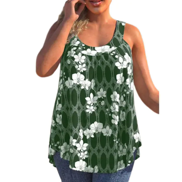 Women Floral Print Round Neck Sleeveless Tank Top Casual Loose - Image 3