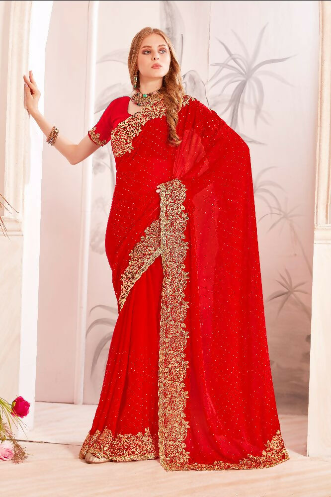PR Fashion Rani Fendi Two Tone Silk Heavy Zari & Resham Embroidery Work With Heavy Zircon Work Saree