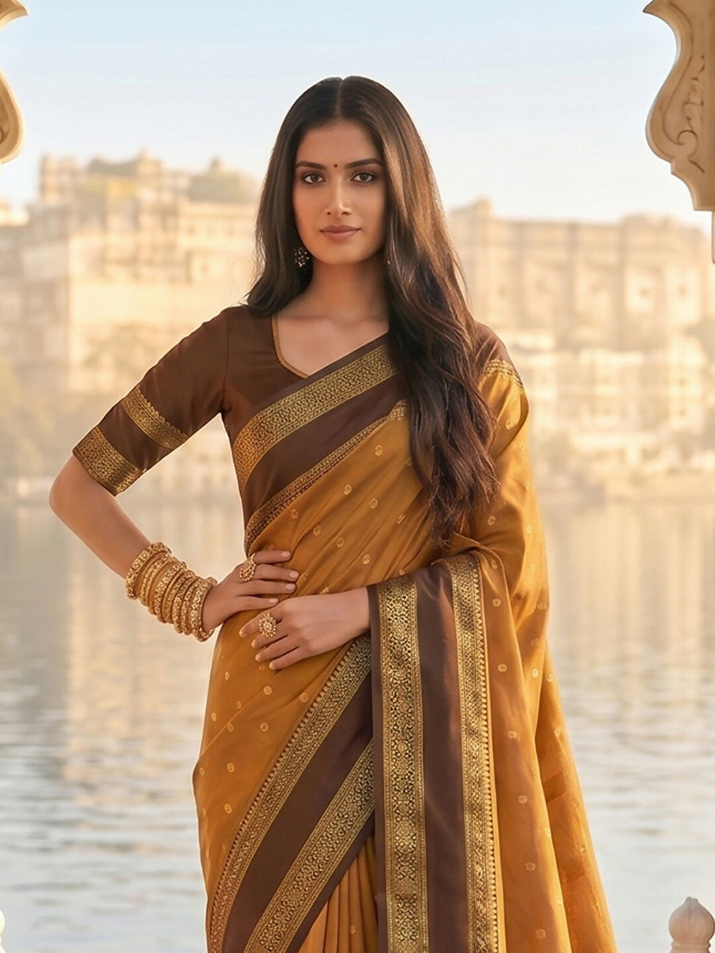 Mustard Silk Blend Saree with Matching Blouse