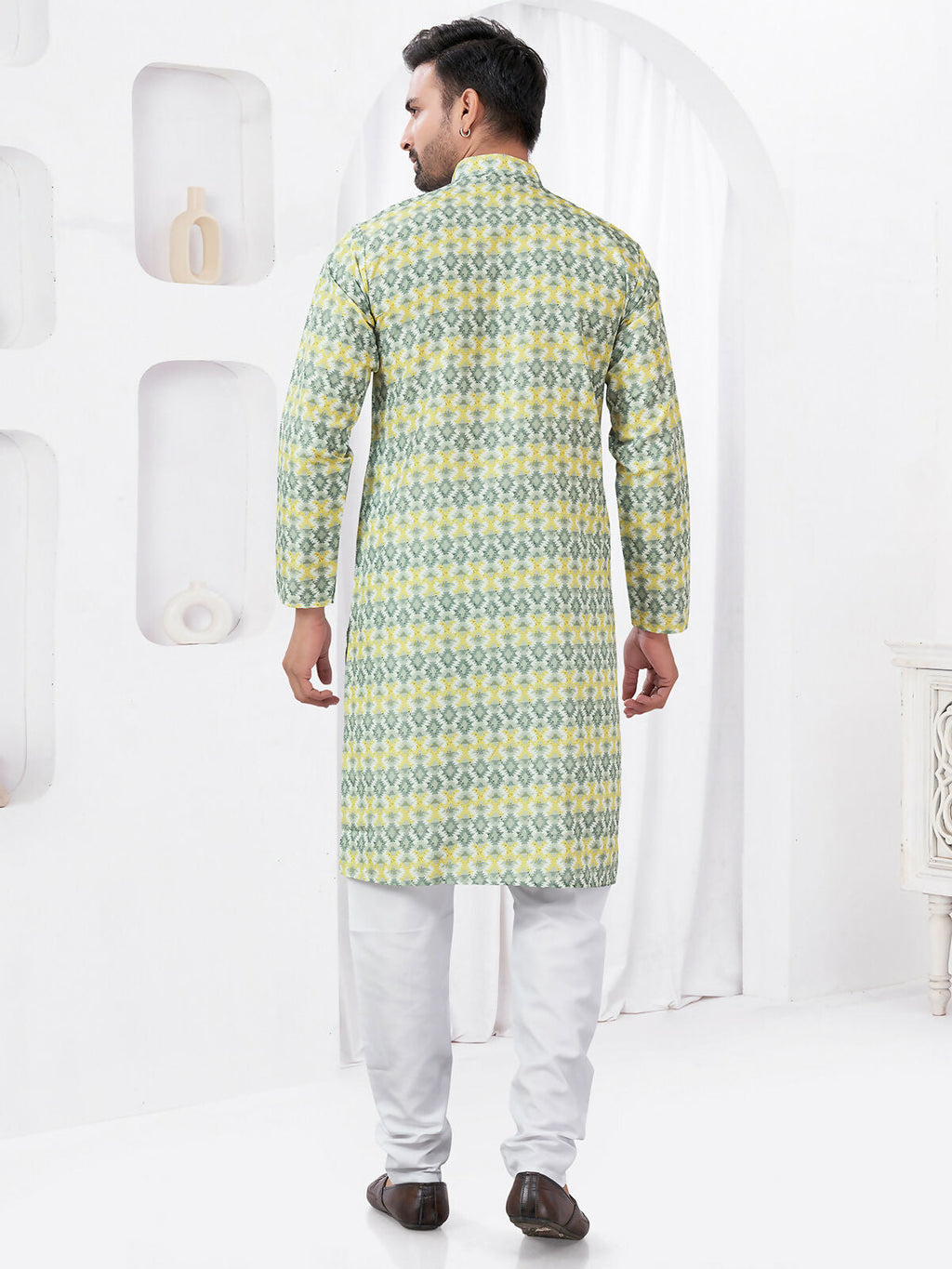 Boys Yellow Printed Rayon Cotton Kurta Pyjama Ethnic Set