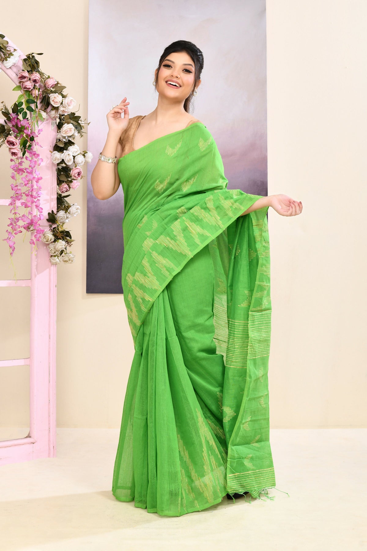 Green Embellished Jamdani Saree in Sustainable Cotton Blend