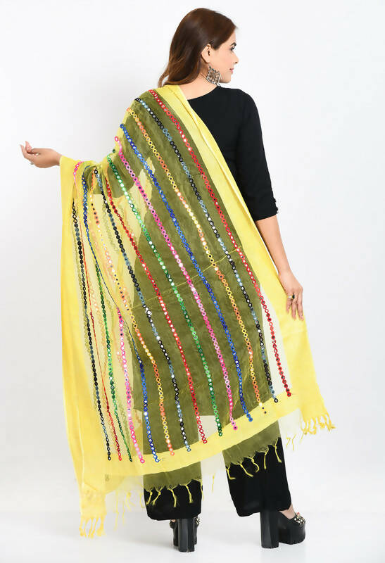 Women's Lemon Yellow Organza Multi Thread Mirror Work Dupatta