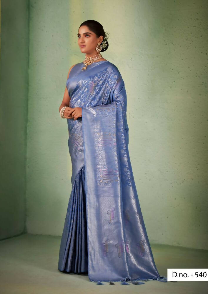 Greyish Blue Kanjivaram Silk Saree with Intricate Weaving Work