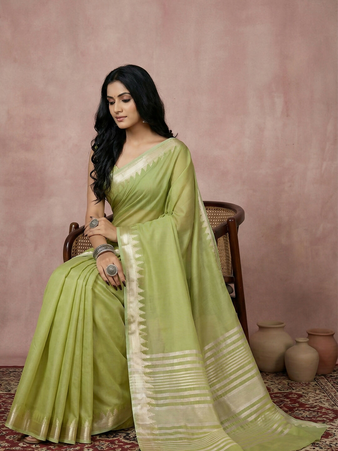 Light Green Cotton Saree with Matching Blouse Piece