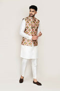 Elegant white art silk kurta set with matching jacket and trousers for men