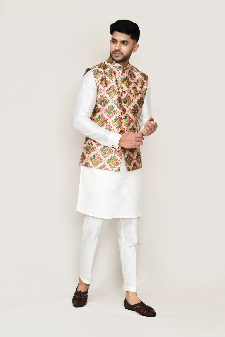 Elegant white art silk kurta set with matching jacket and trousers for men