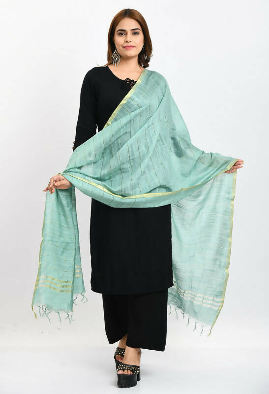Pista Green cotton dupatta with golden Zari geometric box pattern for women