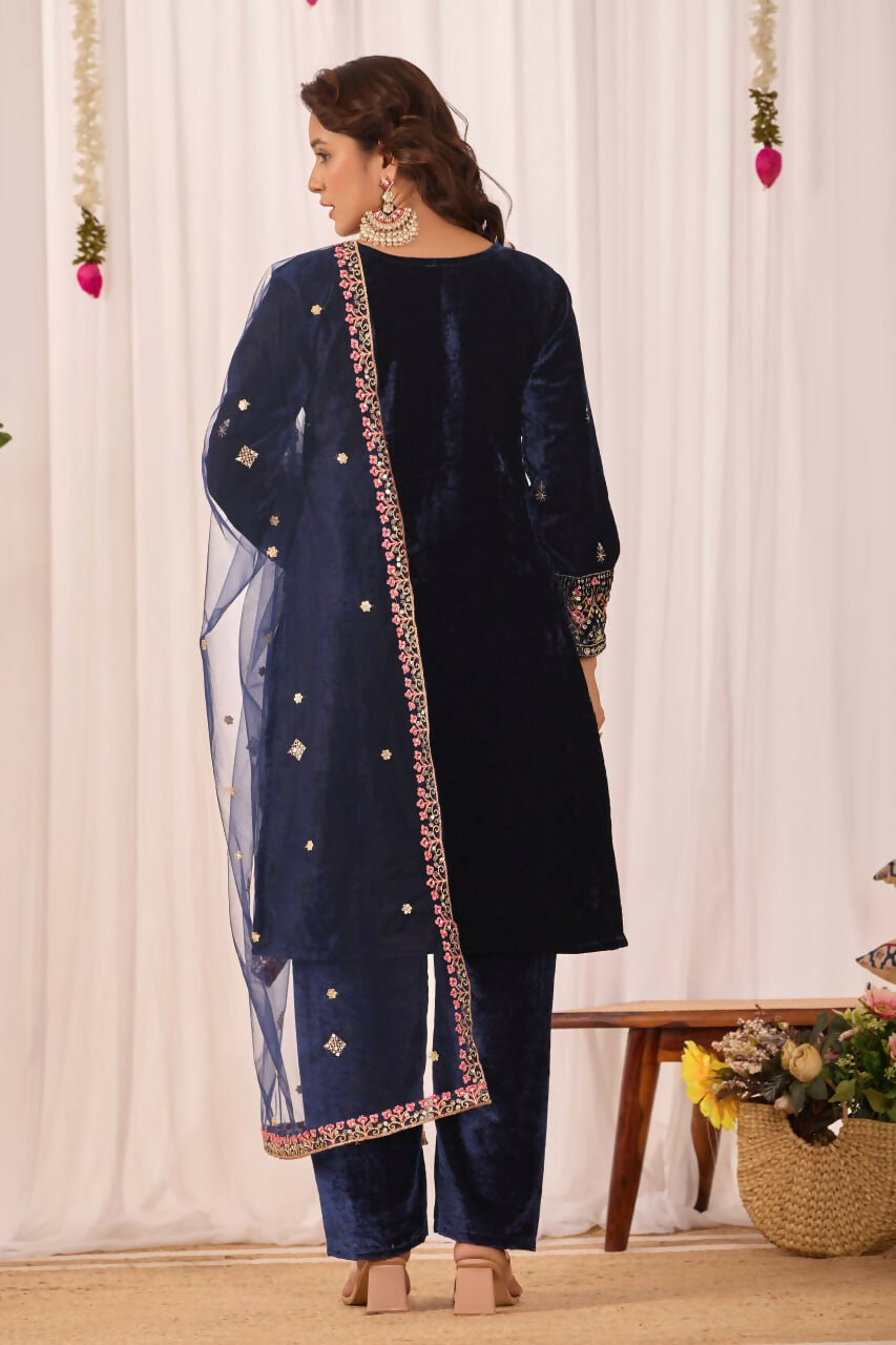 Blue Velvet Embroidered Sequence Work Readymade Kurta Set