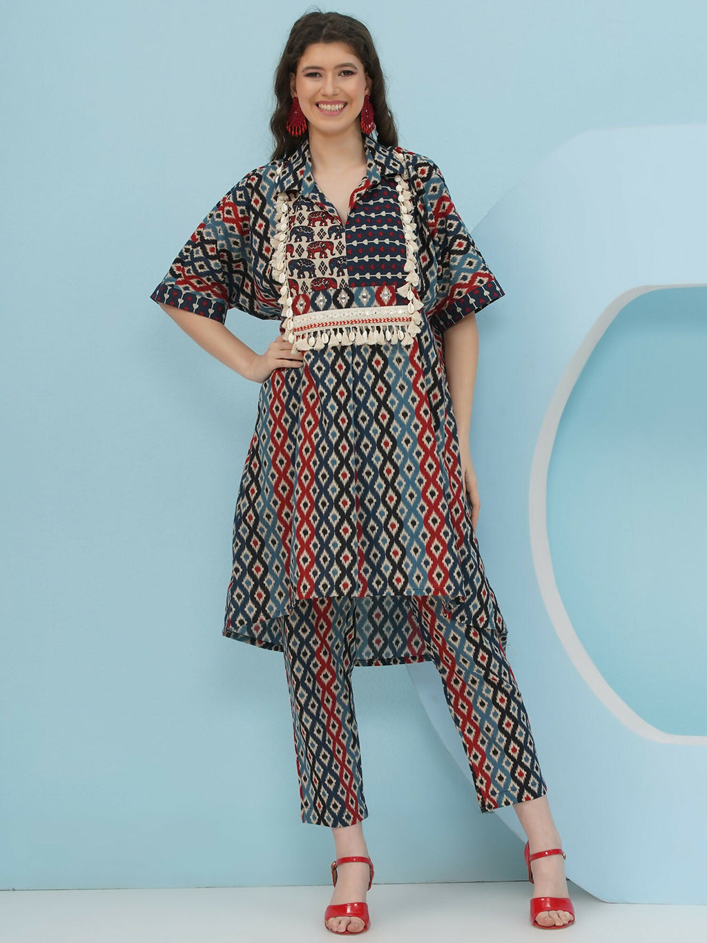 Blue Red Ikkat Print Cotton Kaftan Set for Women