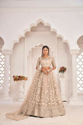 Dusty Chiku color butterfly net lehenga with white cotton thread and zari sequence embroidery