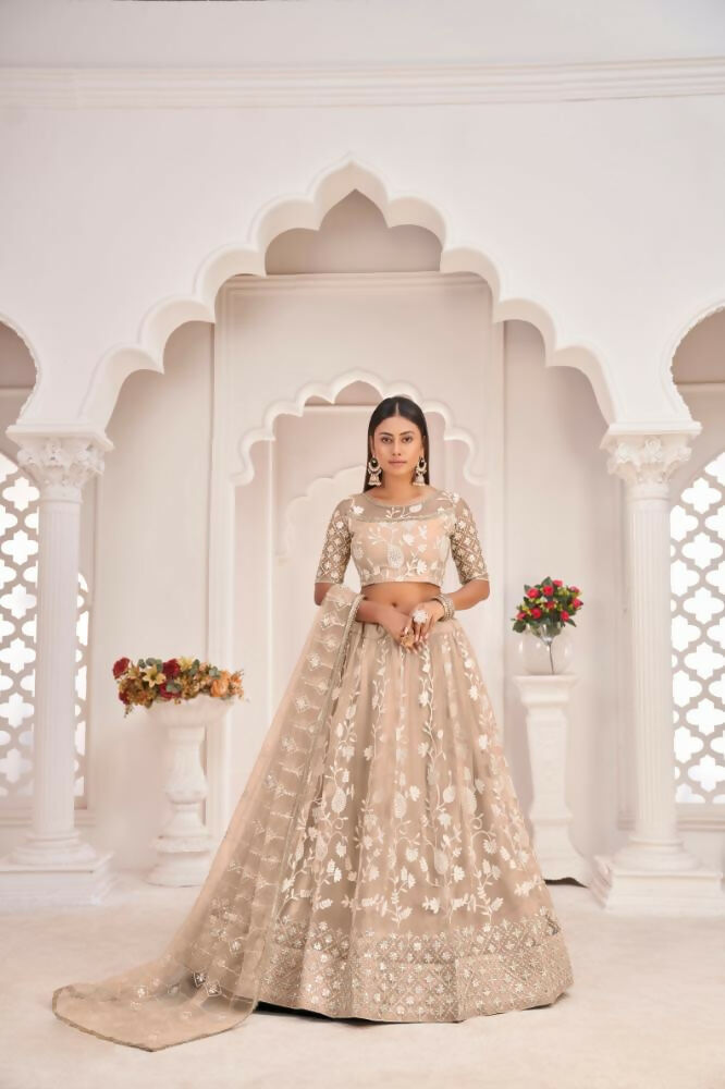 Dusty Chiku color butterfly net lehenga with white cotton thread and zari sequence embroidery