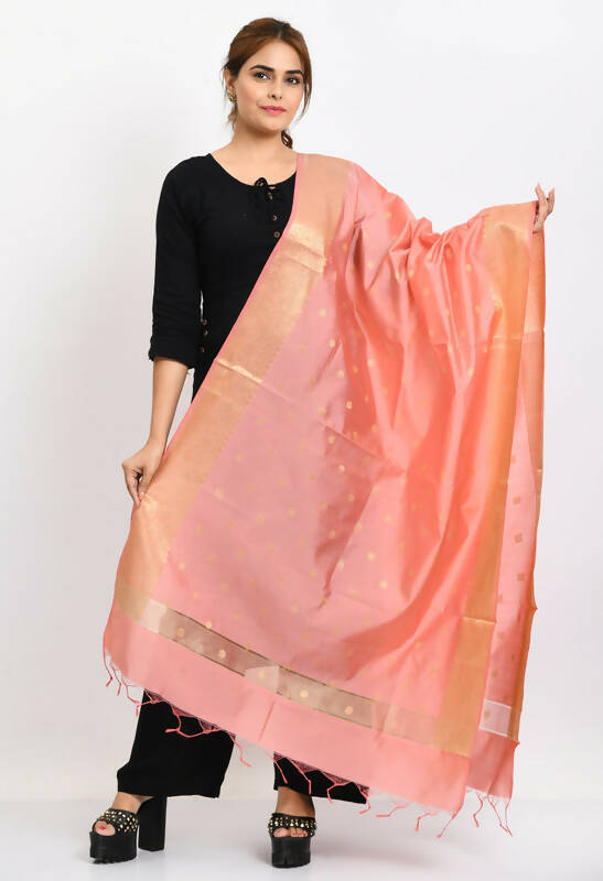 Beautiful baby pink Banarsi silk dupatta with intricate woven traditional patterns