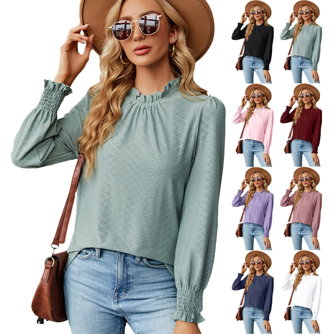 Women's Long Sleeve Blouse with Ruffled Neck and Smocked Cuffs - Image 2