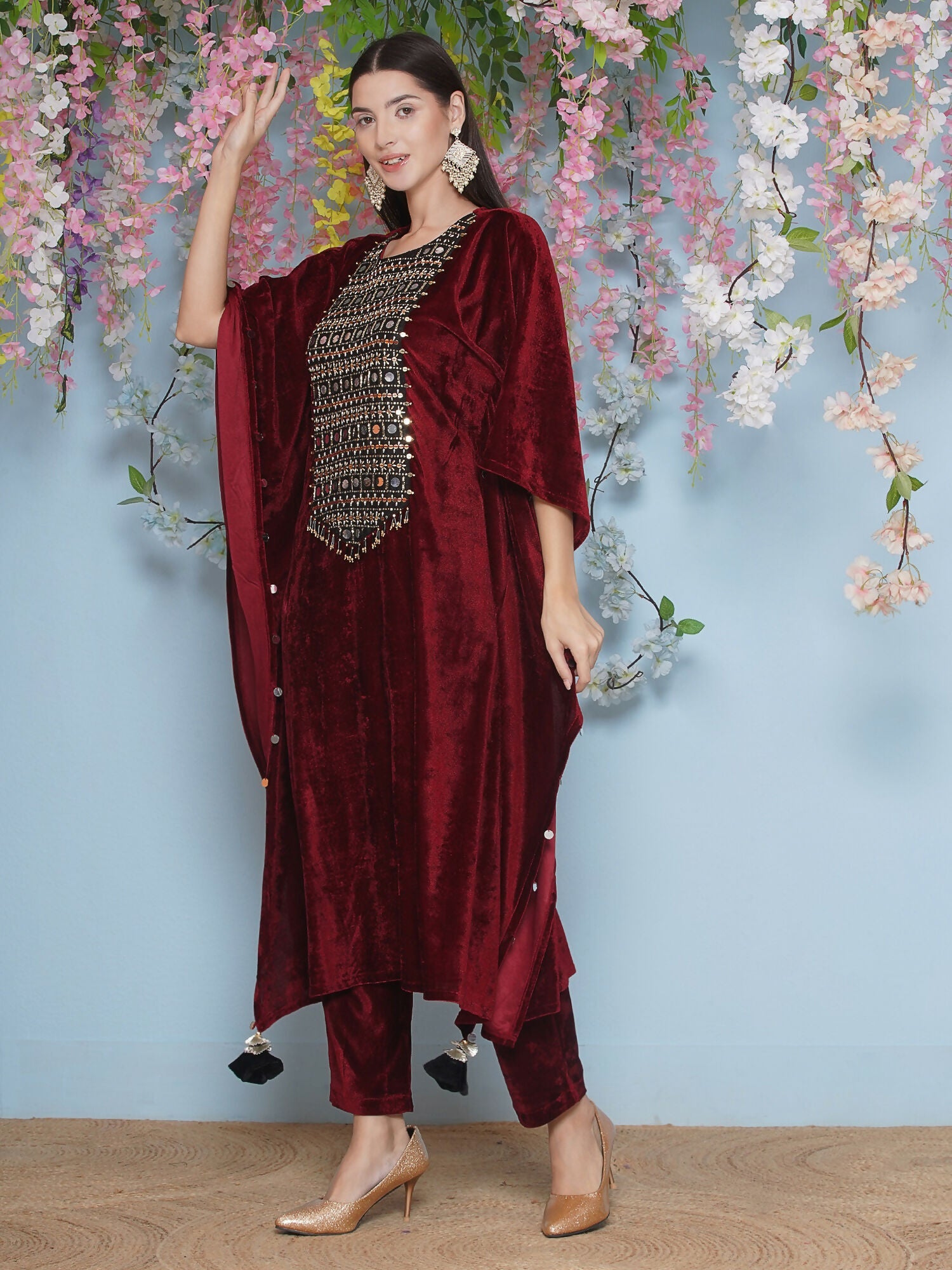 Maroon Velvet Hand Embellished Kaftaan Set - Luxury Ethnic Wear