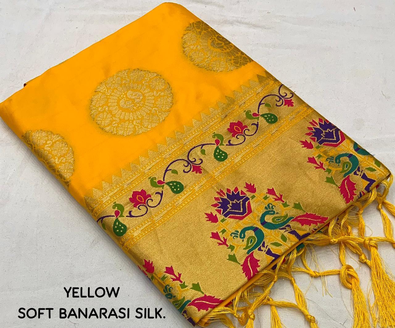 Yellow Pure Silk Saree with Woven Design and Unstitched Blouse