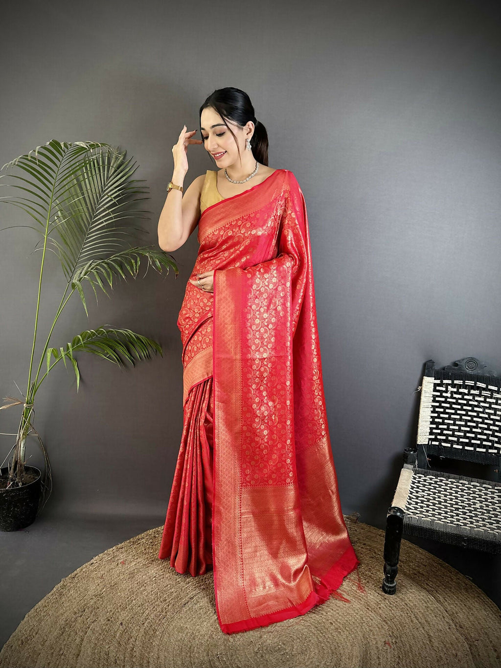 Red soft satin silk Banarasi saree with paisley and floral motifs