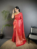 Red soft satin silk Banarasi saree with paisley and floral motifs