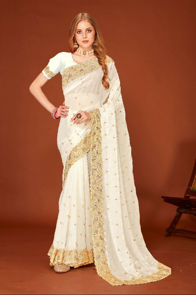 PR Fashion White Fendi Two Tone Silk Heavy Zari Embroidery Work With Heavy Siroski Work Saree