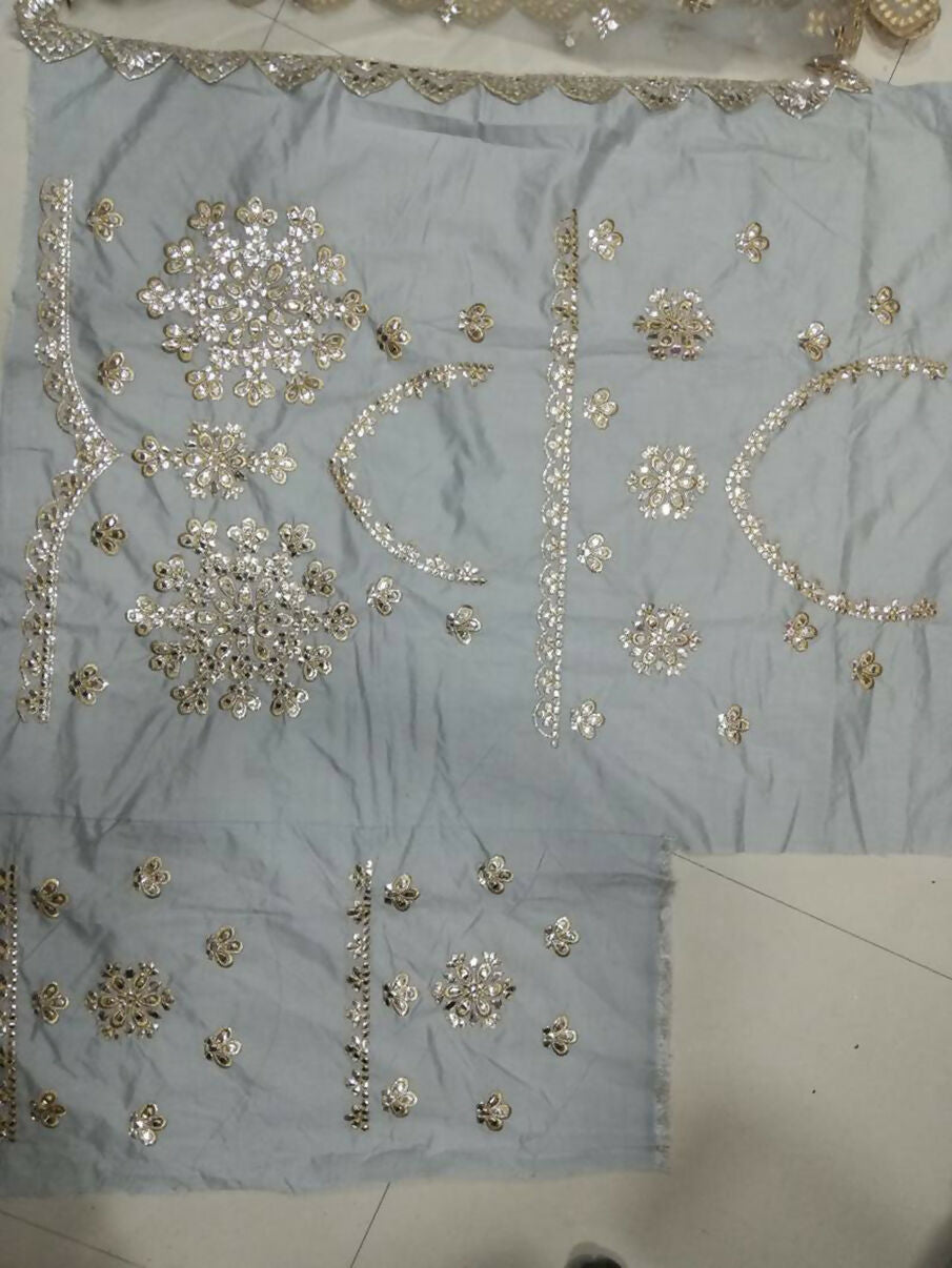 Grey Net Lehenga Choli with Zari and Paper Mirror Embroidery