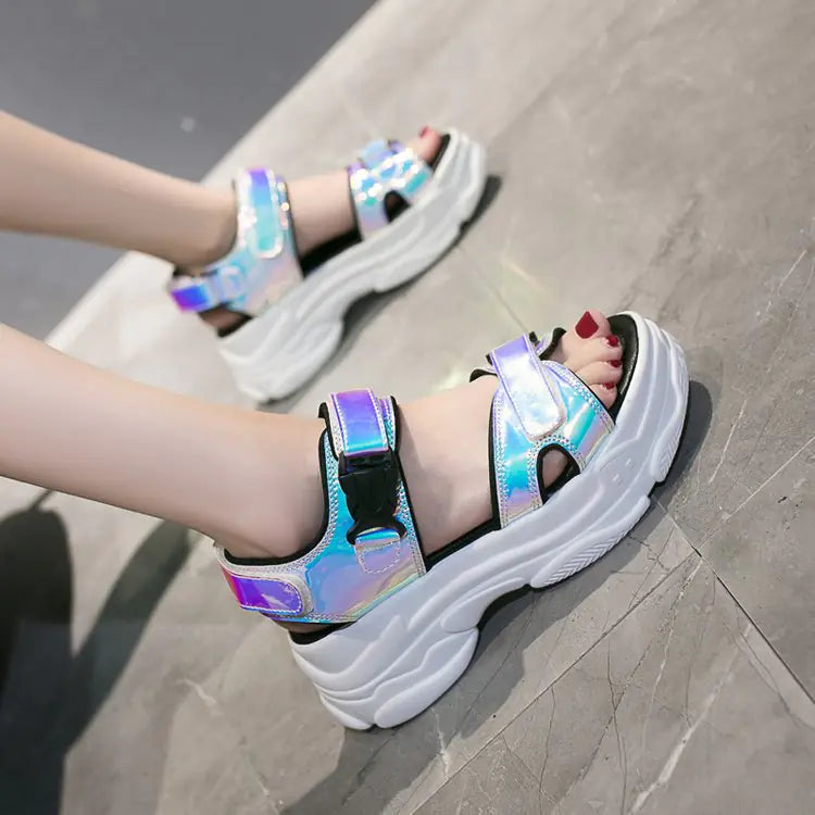 Women's Metallic Thick-Sole Platform Sandals Gold and Blue - Image 10