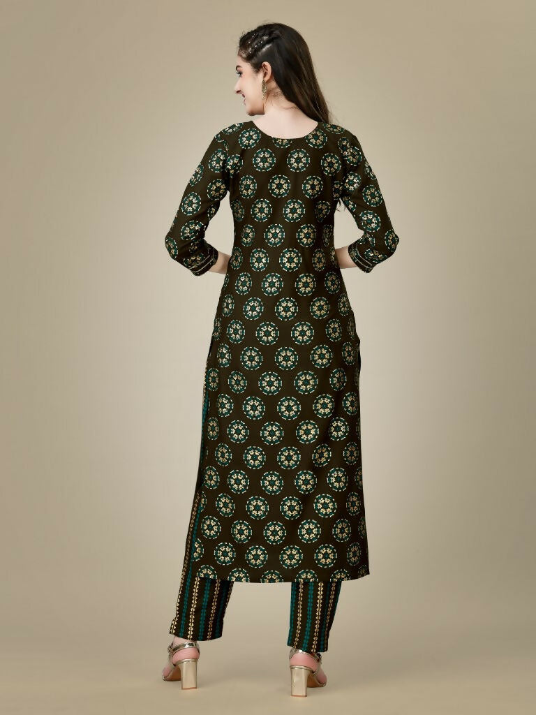 Women's Dark Coffee Rayon Embroidered Calf Length Kurta Pant Set