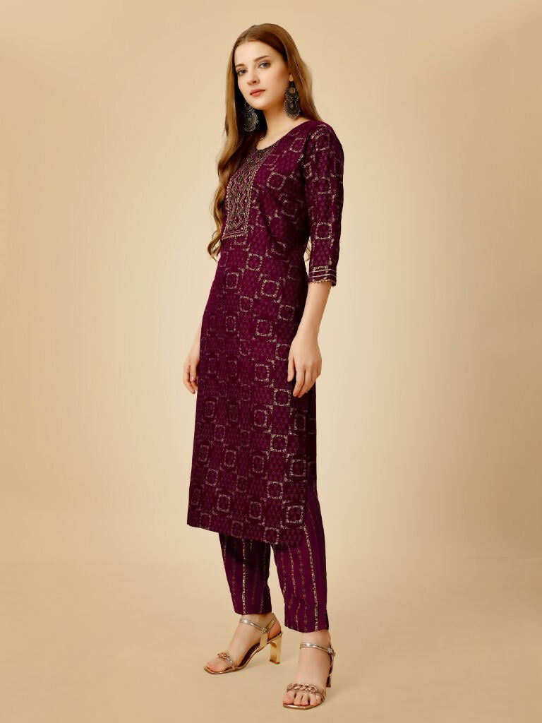 Women's Wine Embroidered Rayon Kurta Pant Set Straight Calf Length