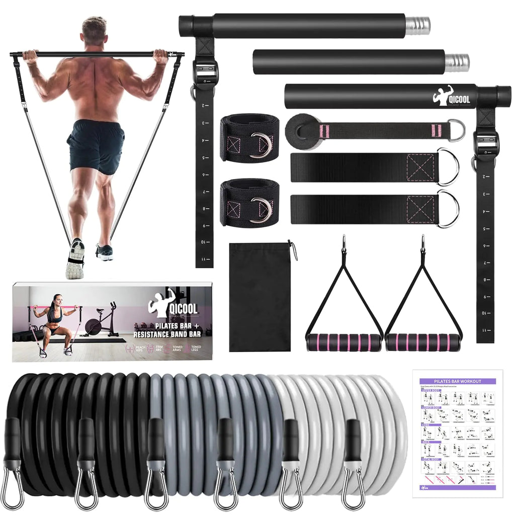 Pilates Bar Kit with Resistance BandsQicool Pilates Resistance Bands Exercise Fitness Equipment for Women & Men Home Gym Yoga Pilates (Black(20/30/50lbs))