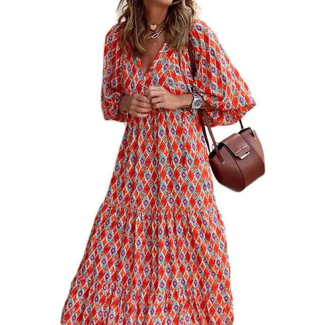 Women's Diamond Print Maxi Dress with V-Neck and Puff Sleeves - Image 37