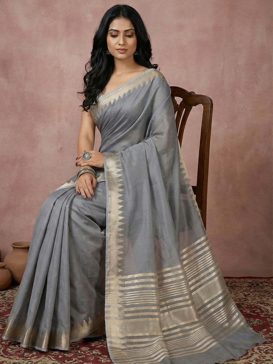 Gray Cotton Saree with Matching Blouse Piece
