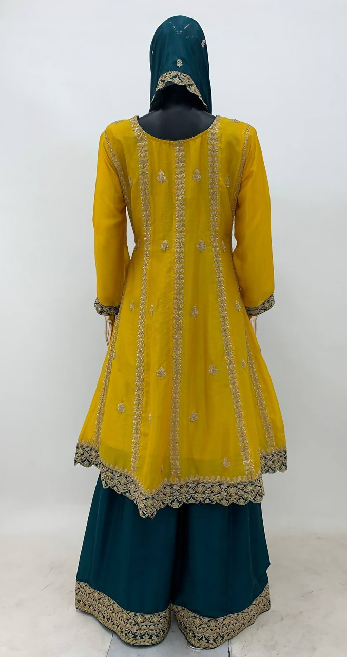 Yellow and Rama Chinon Embroidered Sequin Salwar Kameez