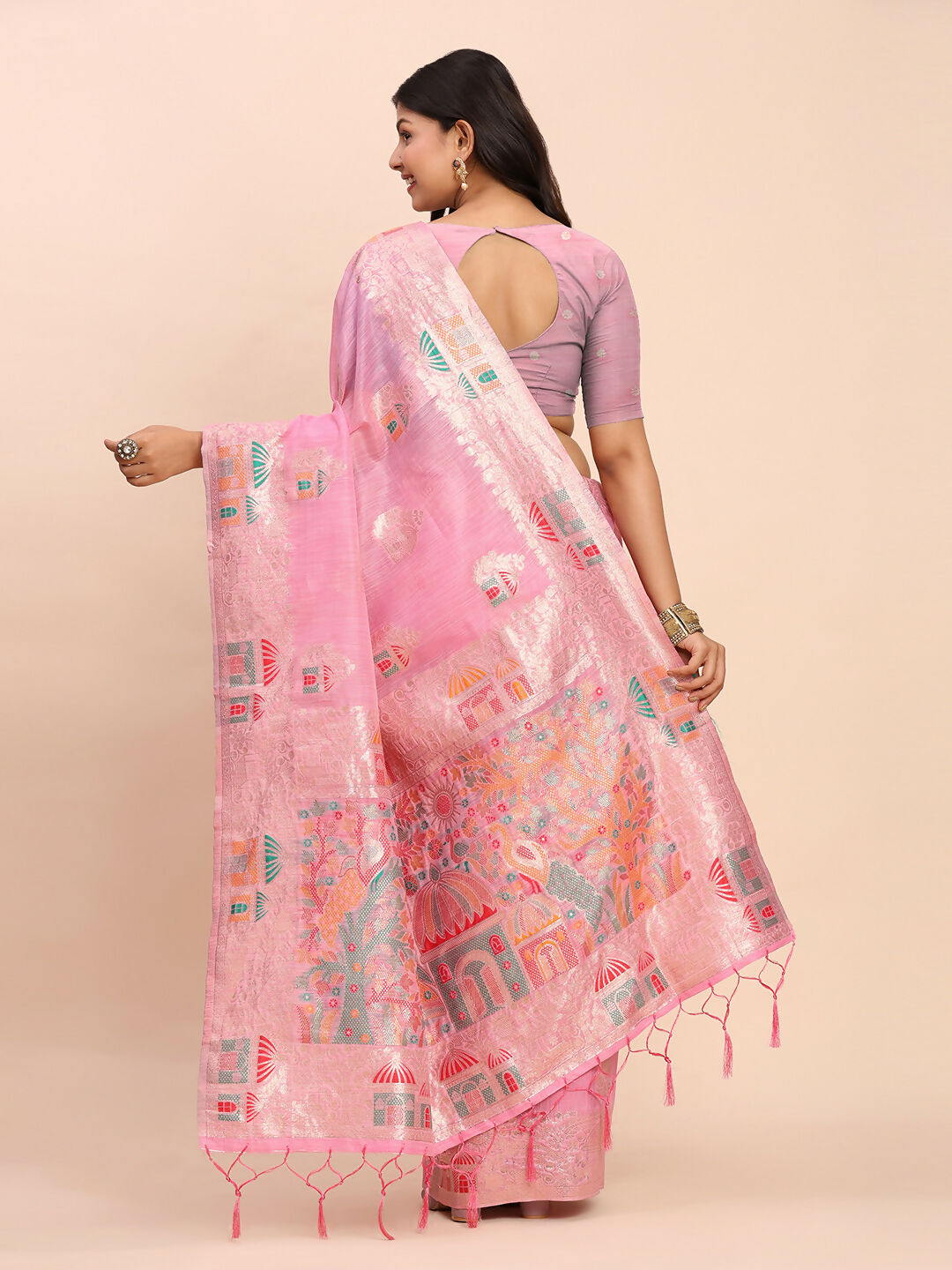 Pink Linen Cotton Saree with Matching Blouse Piece
