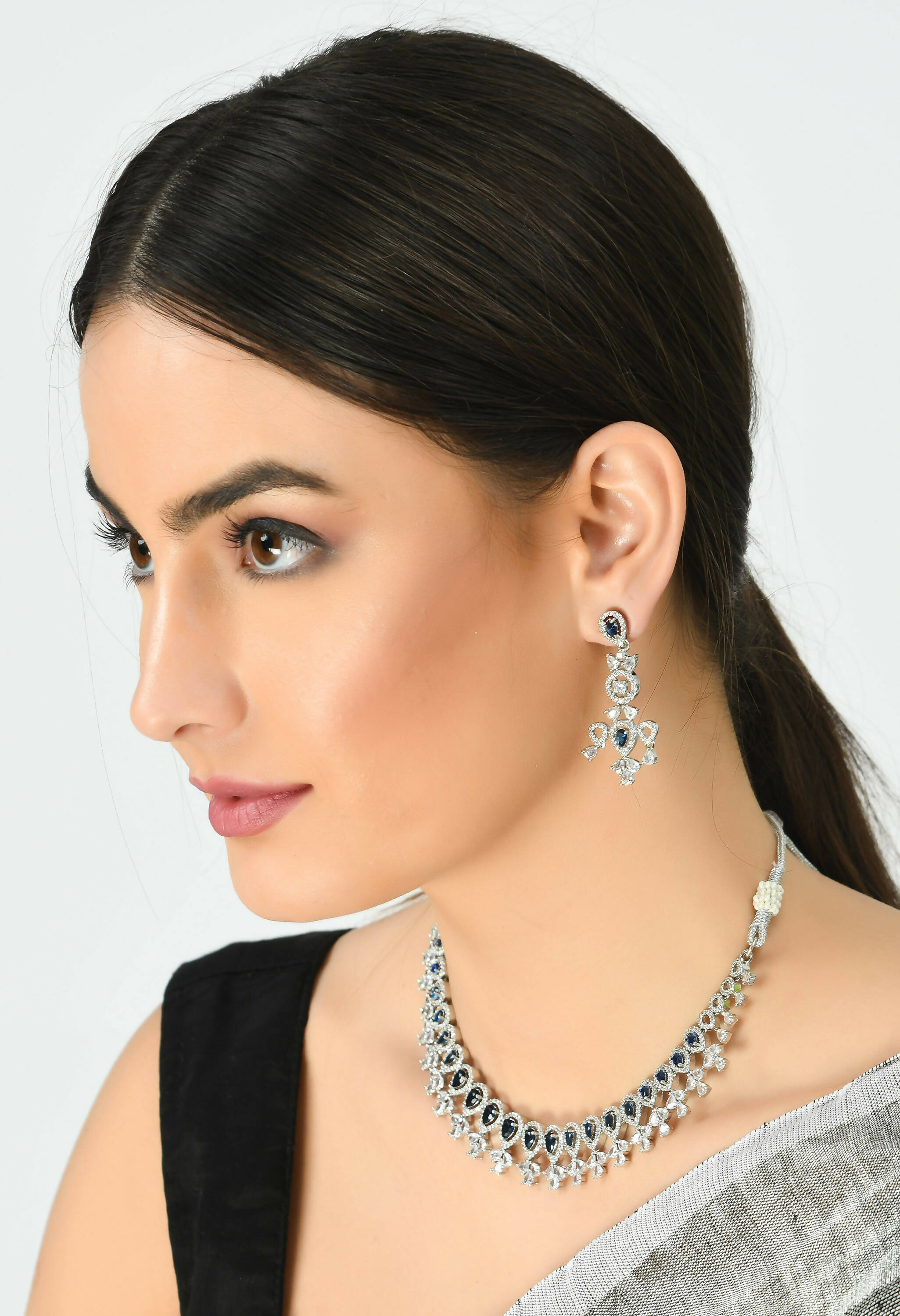 Silver-Plated American Diamond Blue Choker Necklace Set