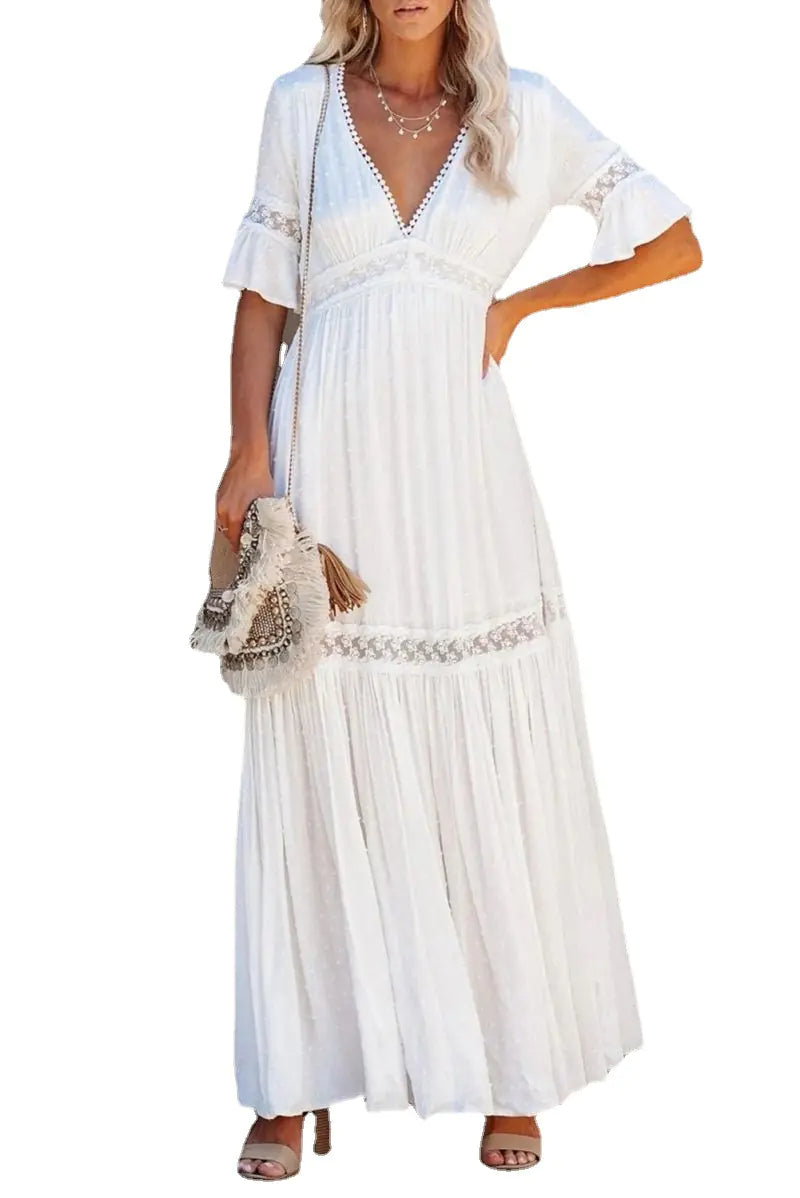 Women's White V-Neck Lace Maxi Dress with Flutter Sleeves - Image 7