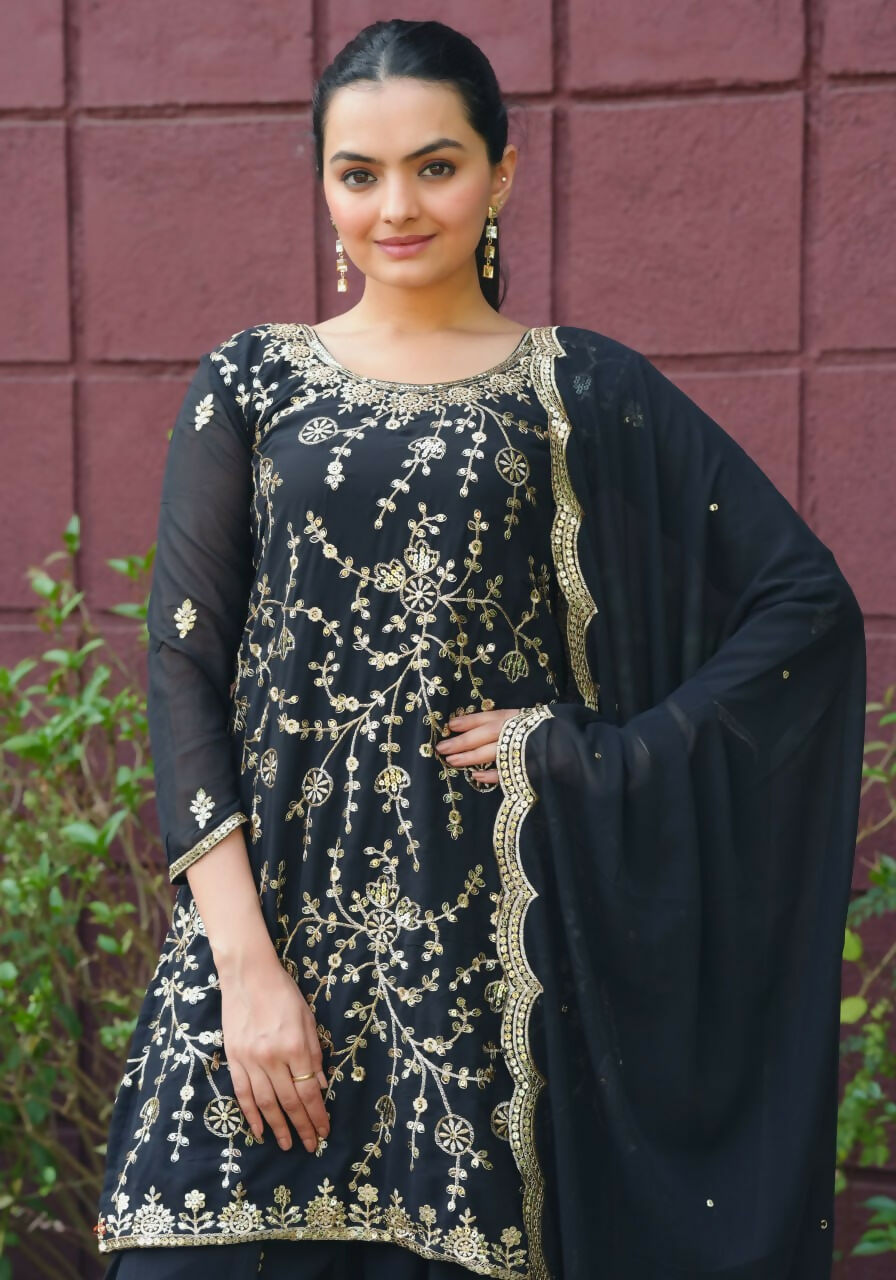 Black Georgette Embroidered Sharara Set - Sophisticated Ethnic Wear