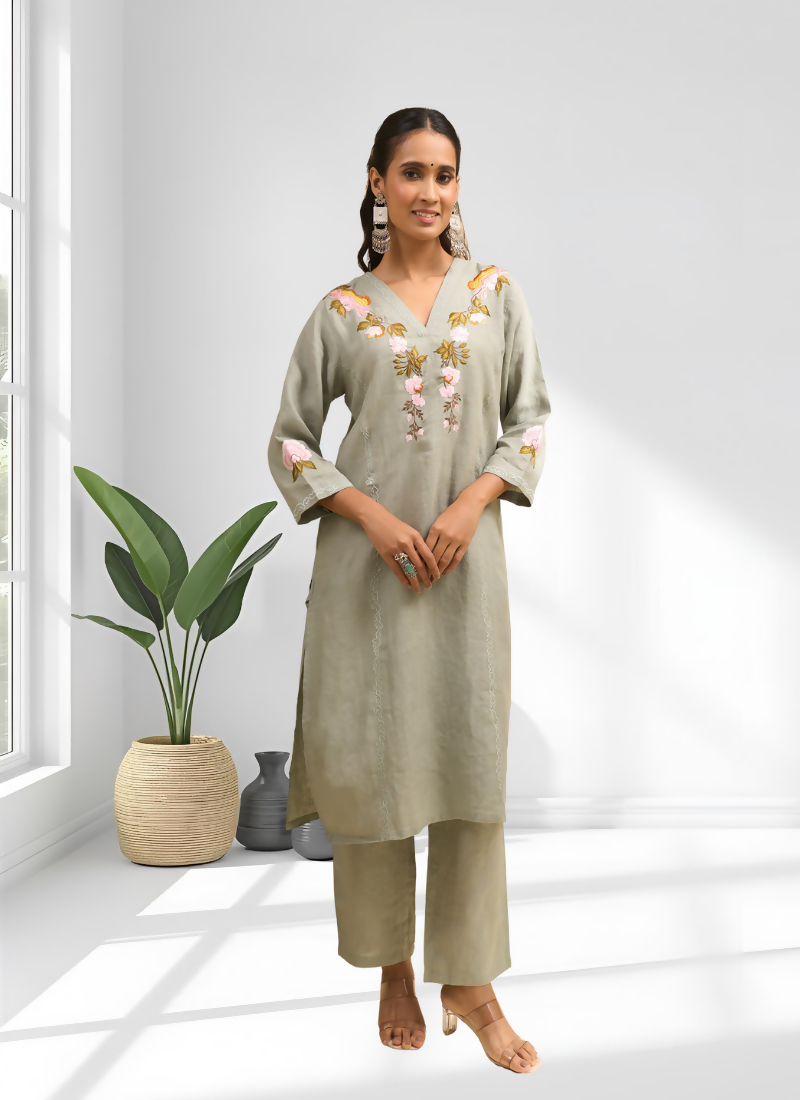 Pista Green Linen Embroidered Cord Set - Festive Readymade Co-ord