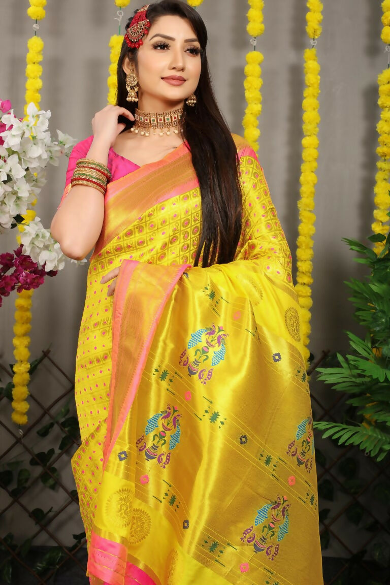 Yellow Banarasi Silk Saree with Contrast Pink Blouse & Zari Work