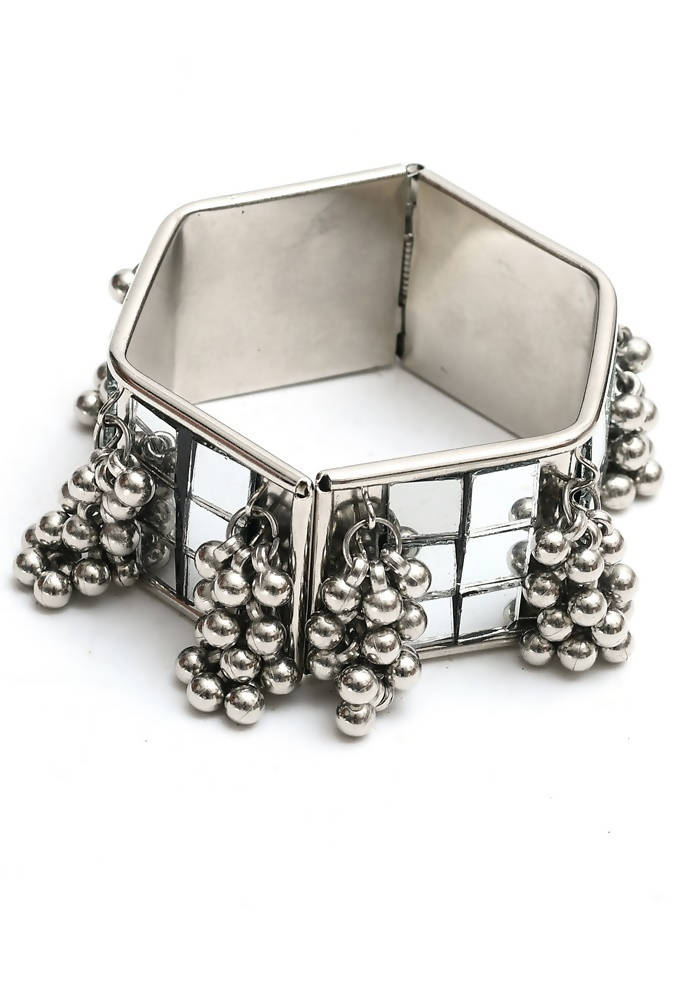 Kamal Johar mirror oxidised silver bangle set with intricate detailing and silver-plated finish