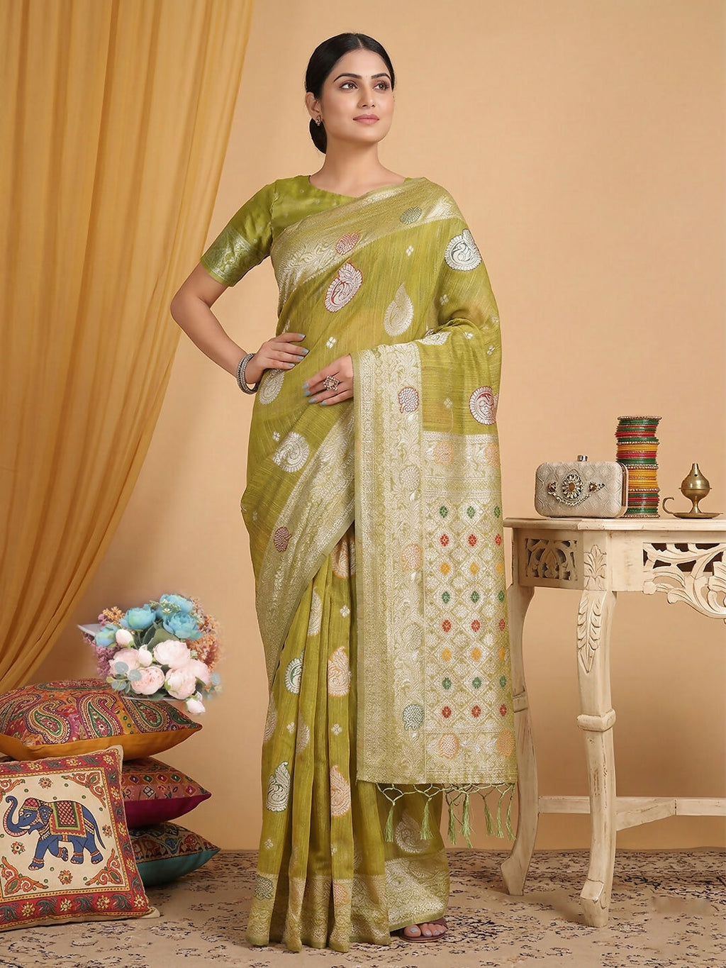 Mustard Linen Cotton Saree with Matching Blouse Piece