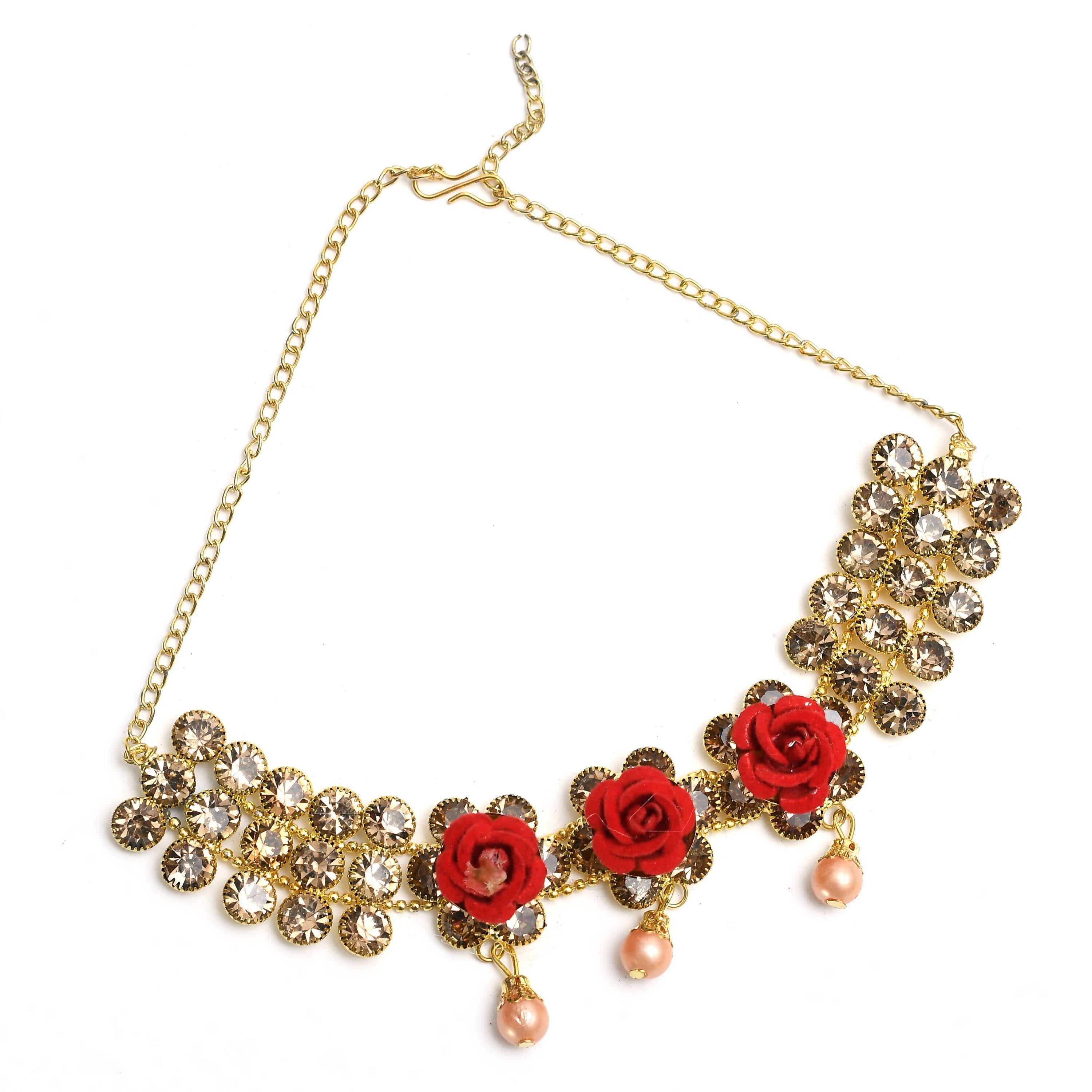 Gold-Polished Brass Stone and Pearl Embellished Choker Necklace