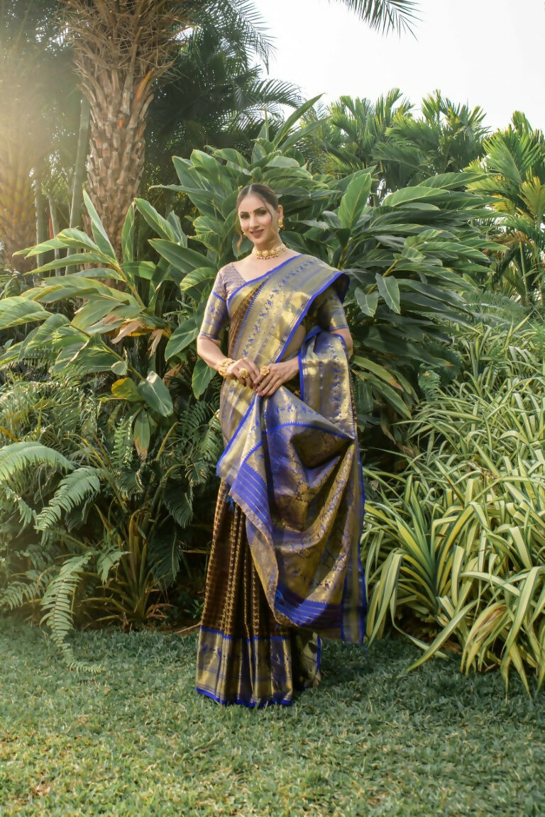 Coffee Kanjivaram Silk Zari Woven Saree with Royal Blue Blouse