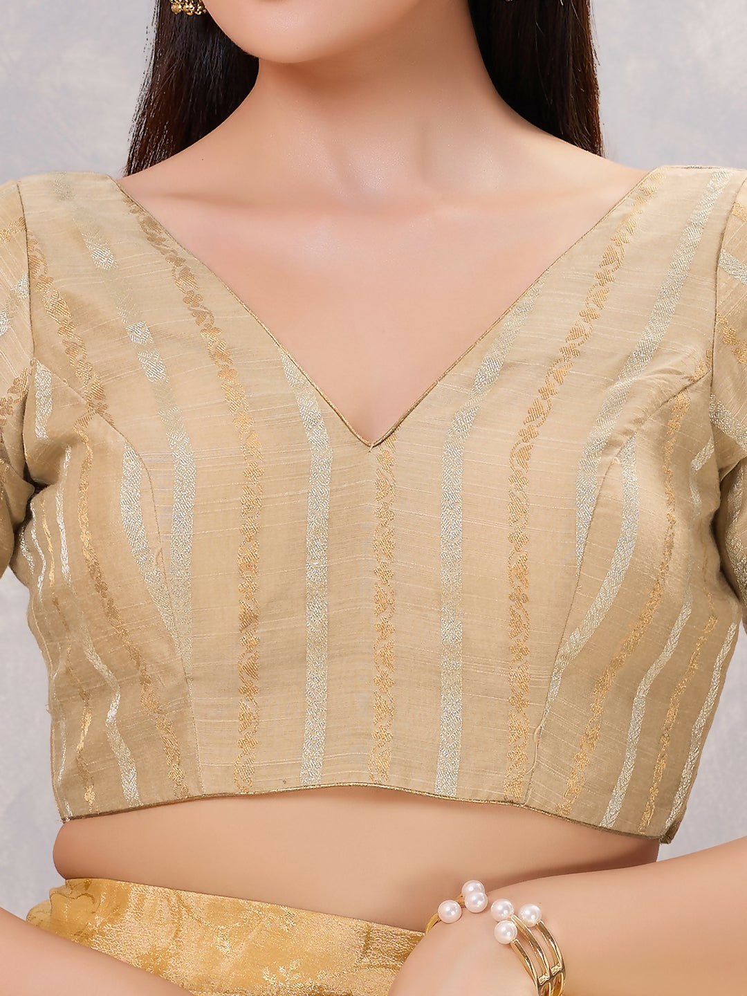 Gold Stitched Cotton Blend Blouse for Women