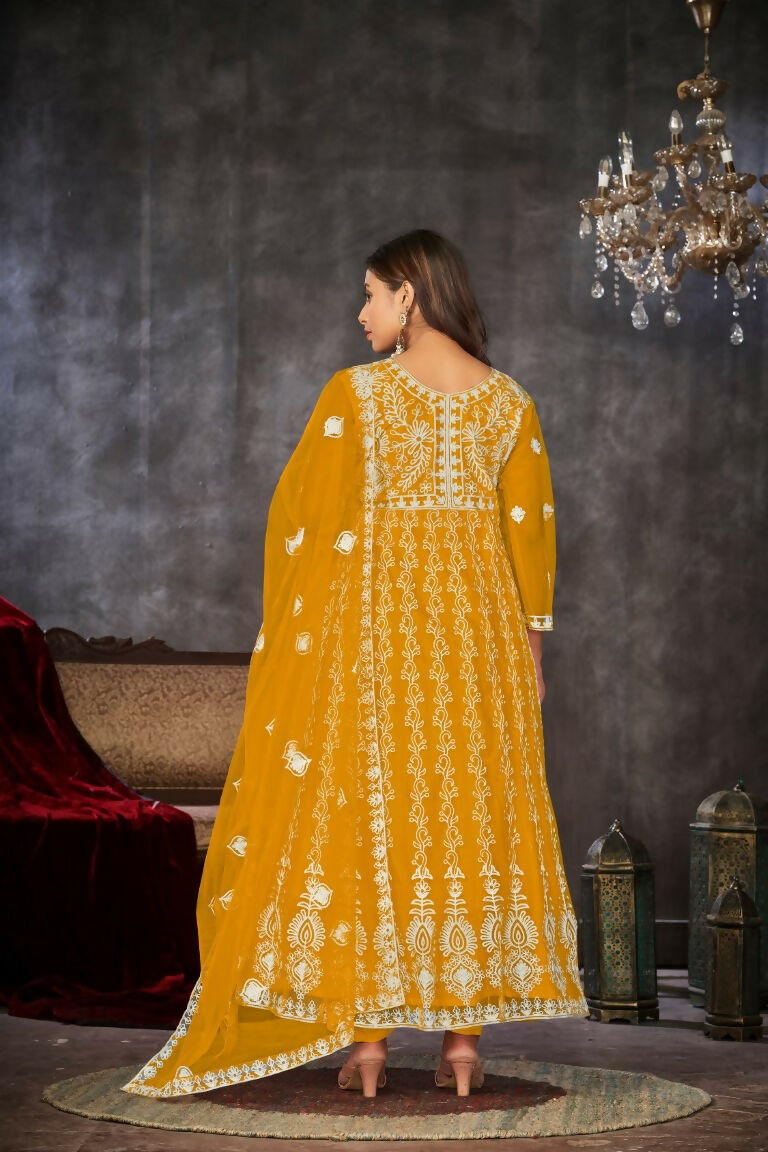 Yellow Net Embroidered Anarkali Kurta Pant Set With Dupatta
