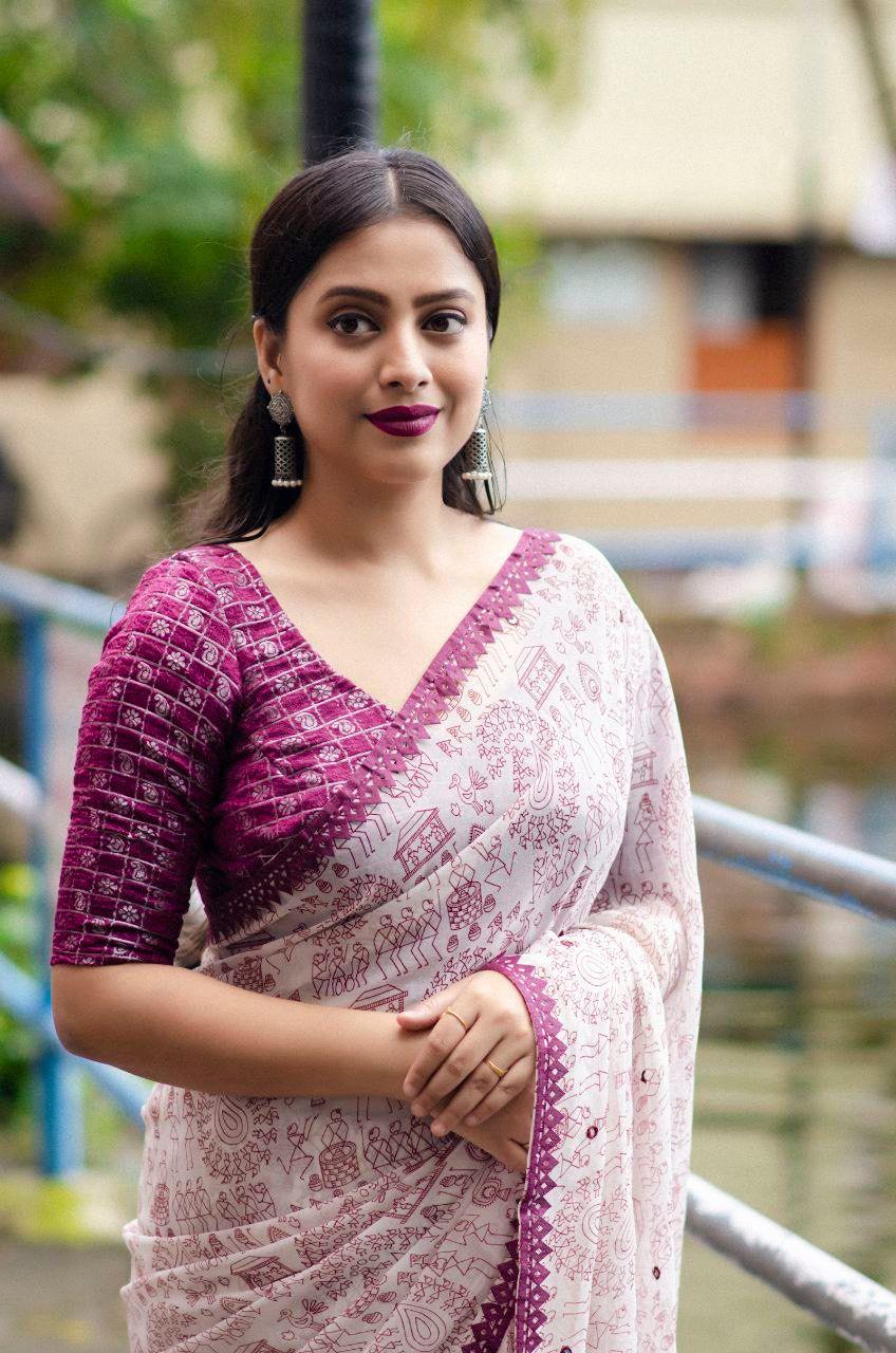 Purple Pure Georgette Warli Print Saree with Banarasi Silk Blouse