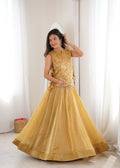 Bright yellow salsa crush lehenga choli set with matching koti for women.