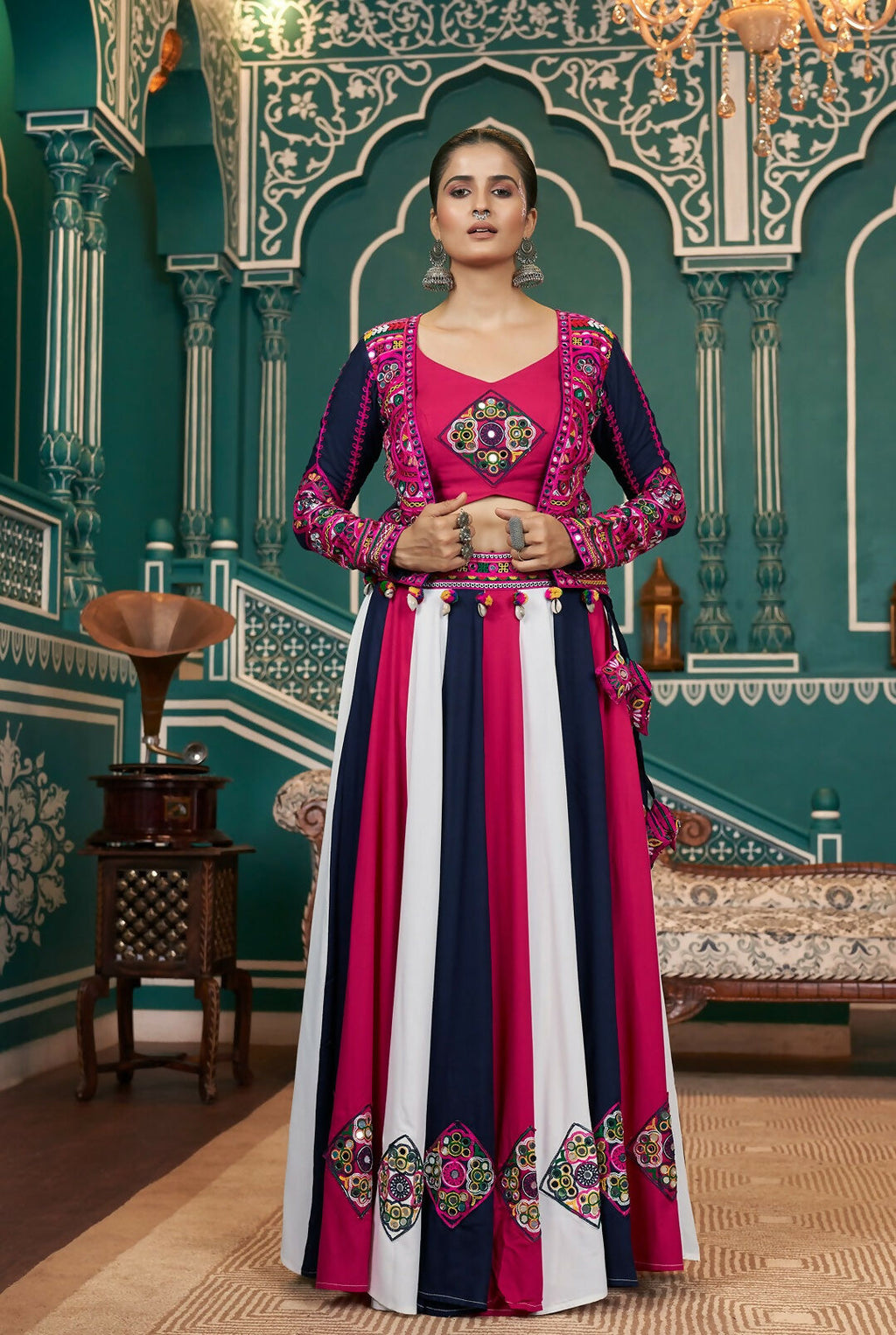 Multi-Color Viscose Rayon Navratri Lehenga Choli with Rani Pink Blouse