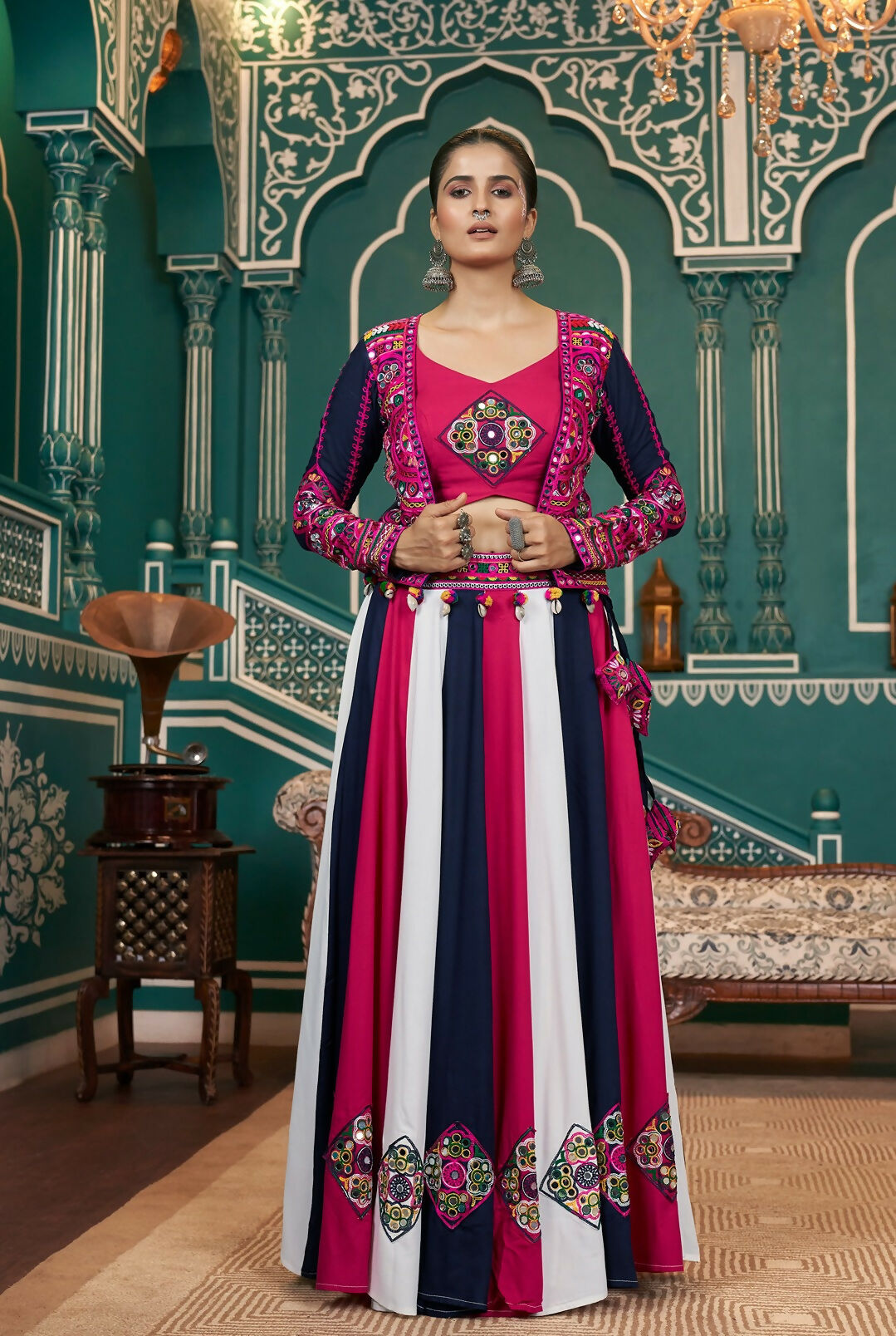 Multi-Color Viscose Rayon Navratri Lehenga Choli with Rani Pink Blouse