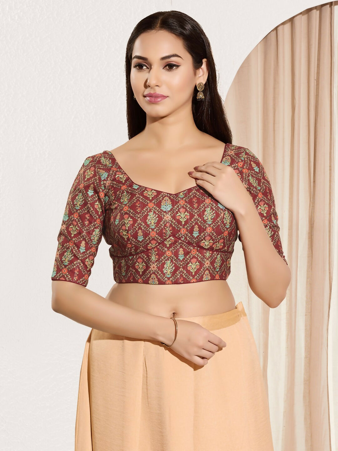 Joban Fashion Maroon Viscose Rayon Padded Blouse With Sweetheart Neck Elbow Sleeves